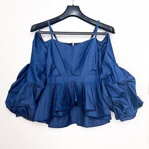 Gracia Navy Blue Cold Shoulder Blouse, Peplum Waist, Women's Size M